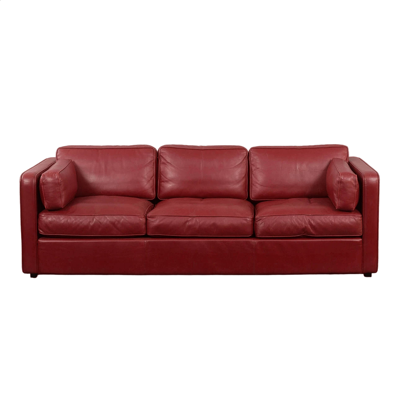 Three-seater burgundy aniline leather sofa, 1970s 18