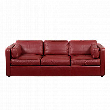 Three-seater burgundy aniline leather sofa, 1970s