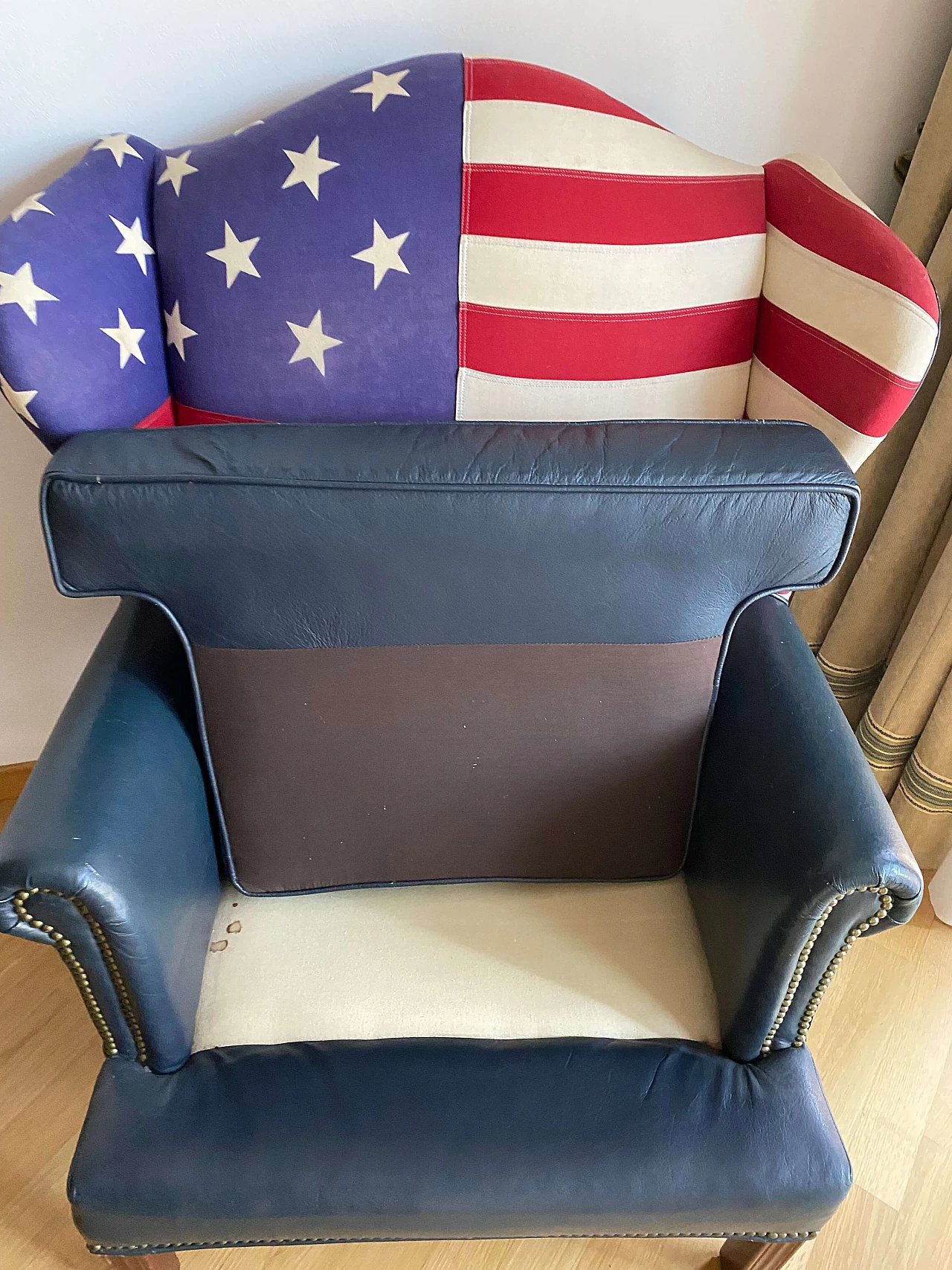 Leather and fabric armchair with American flag by Mauro Volponi, 1990s 14