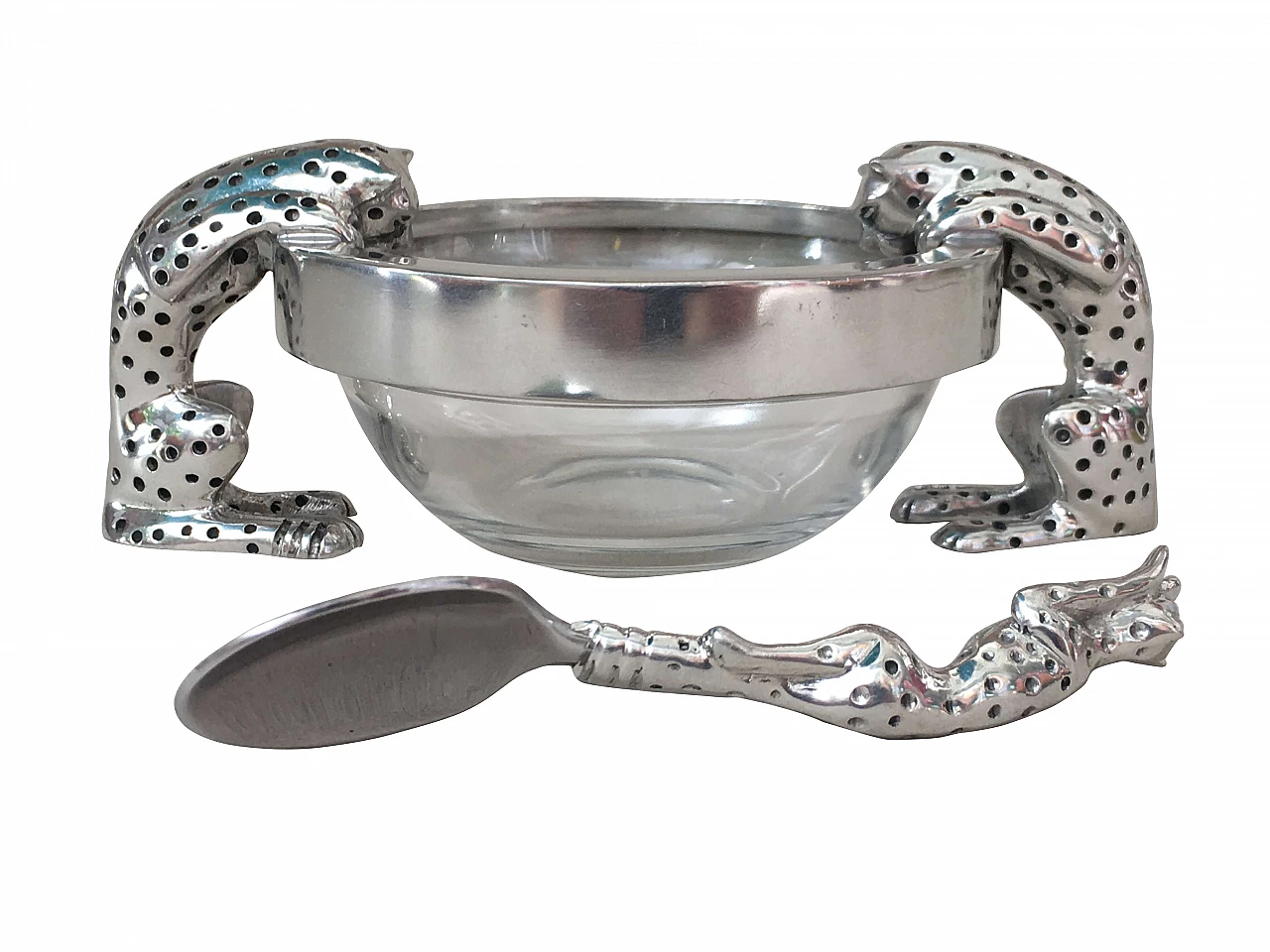 Glass and metal bowl and spoon with cheetahs 16