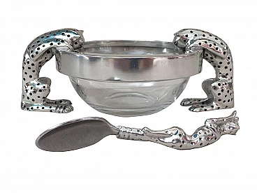 Glass and metal bowl and spoon with cheetahs