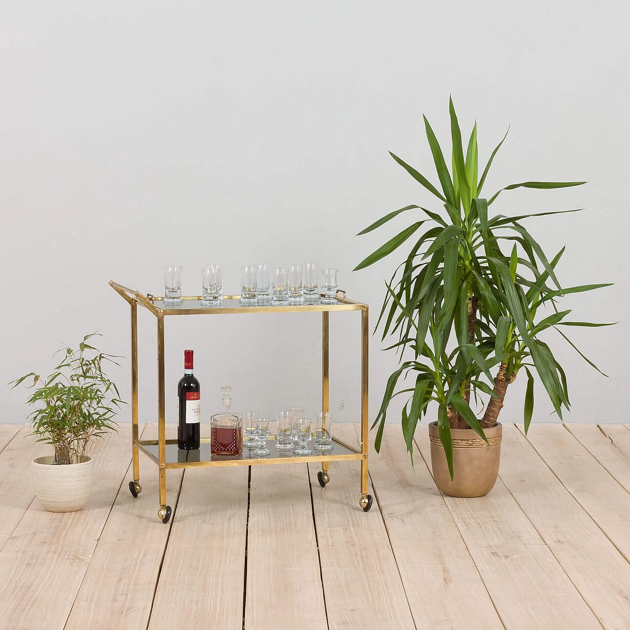 Brass and smoked glass bar cart with removable tray, 1960s 1