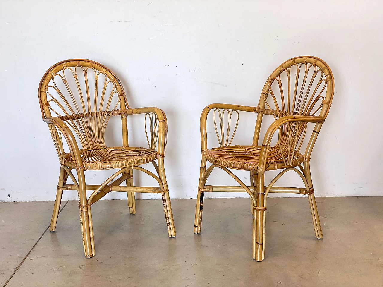 Pair of reed and bamboo armchairs, 1970s 1