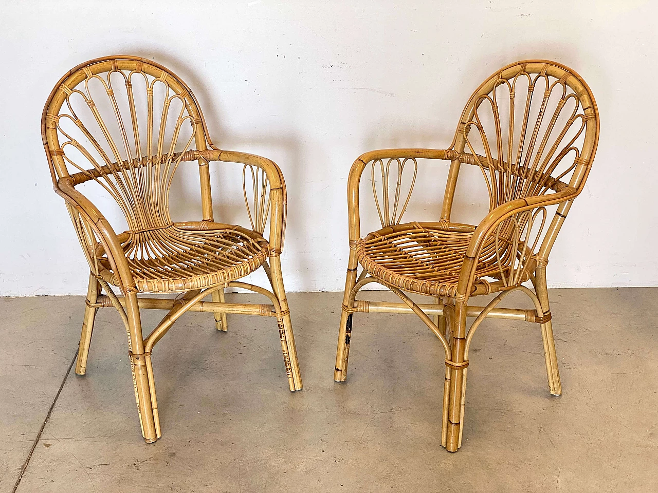 Pair of reed and bamboo armchairs, 1970s 2