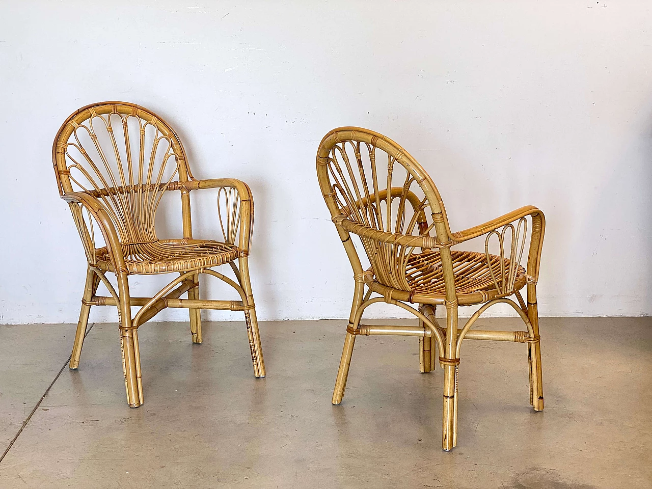 Pair of reed and bamboo armchairs, 1970s 3
