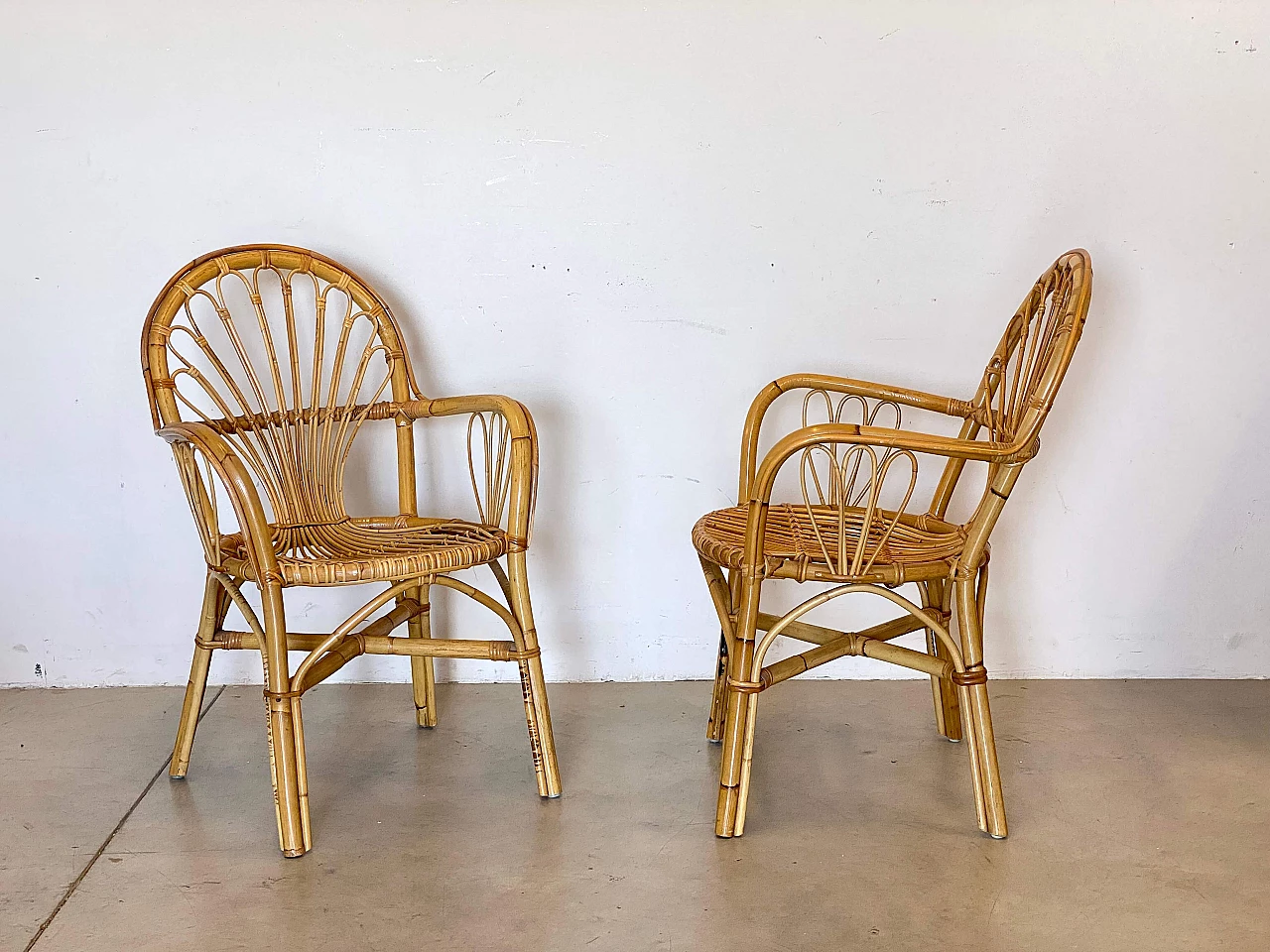 Pair of reed and bamboo armchairs, 1970s 5