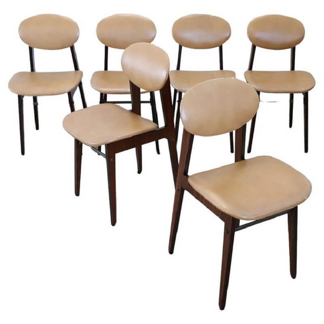 6 Beech and faux leather dining chairs, 1960s 1