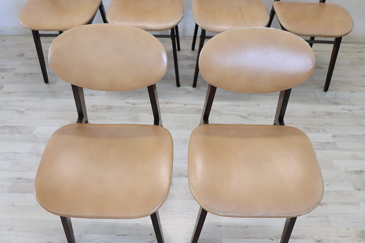 6 Beech and faux leather dining chairs, 1960s 4