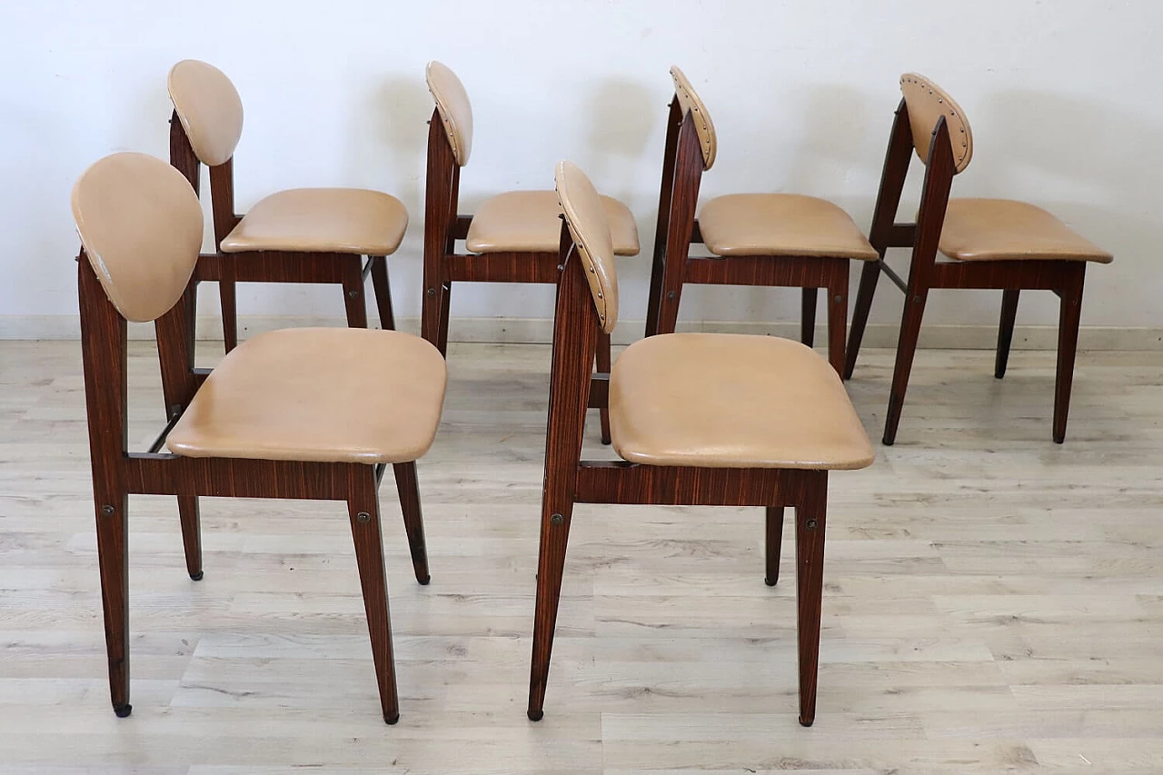 6 Beech and faux leather dining chairs, 1960s 5