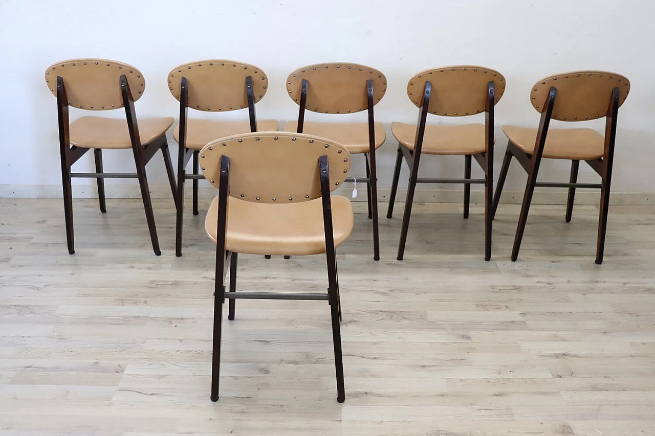 6 Beech and faux leather dining chairs, 1960s 6