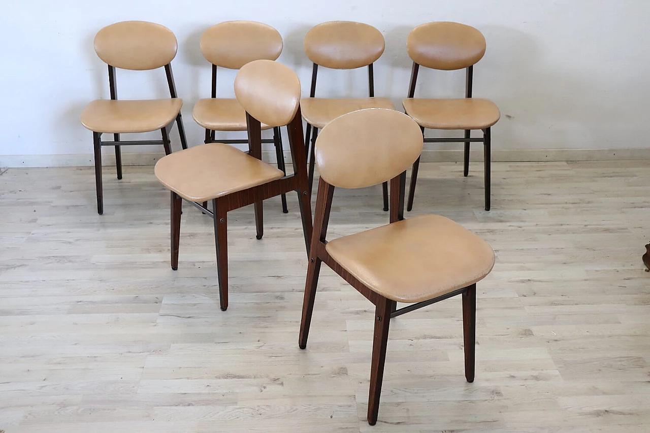 6 Beech and faux leather dining chairs, 1960s 12