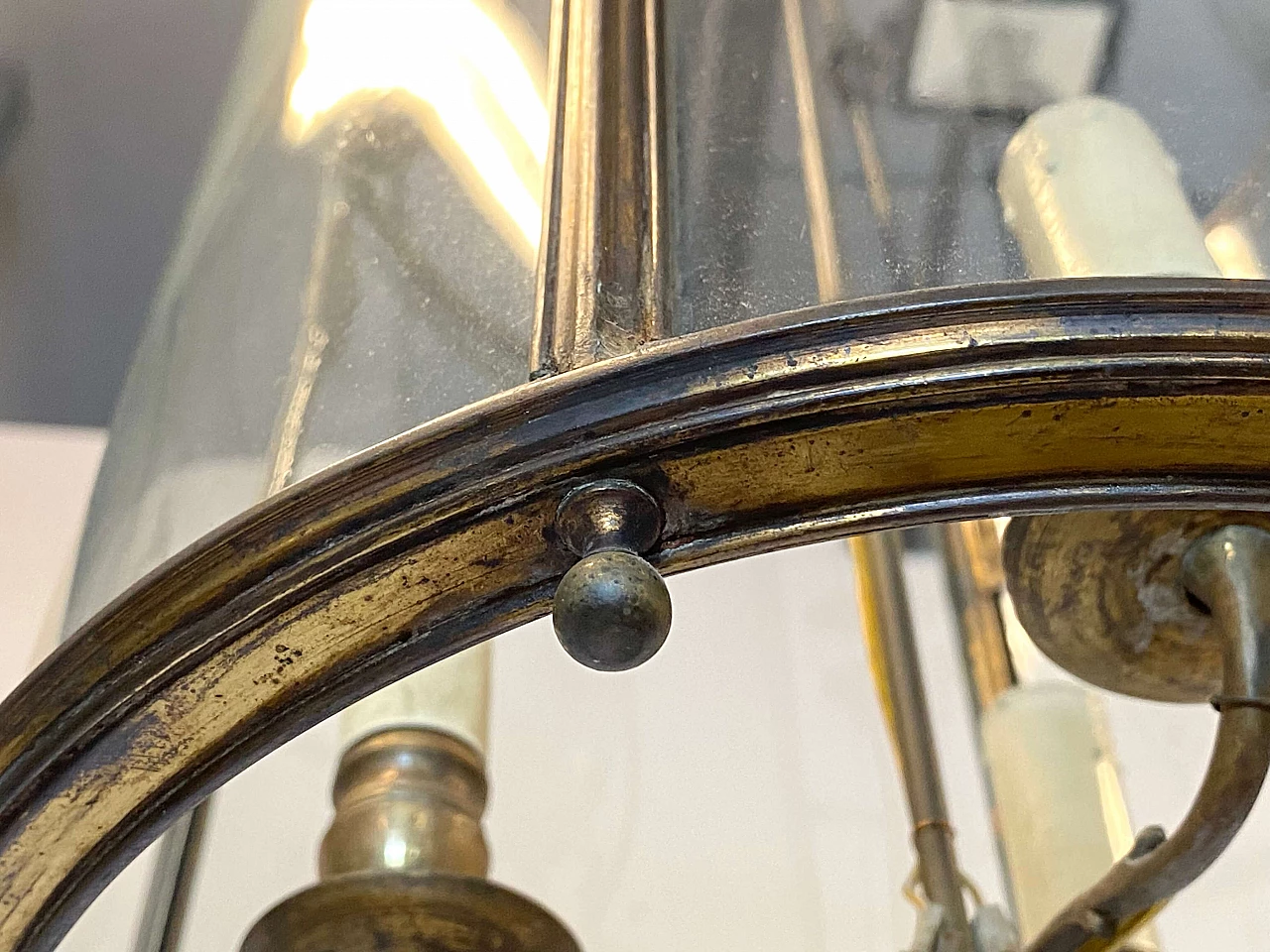 Bronze three-light lantern with ground glass, early 20th century 4