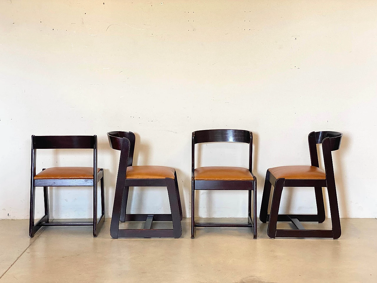 4 Chairs in stained wood and leatherette by Mario Sabot, 1970s 2