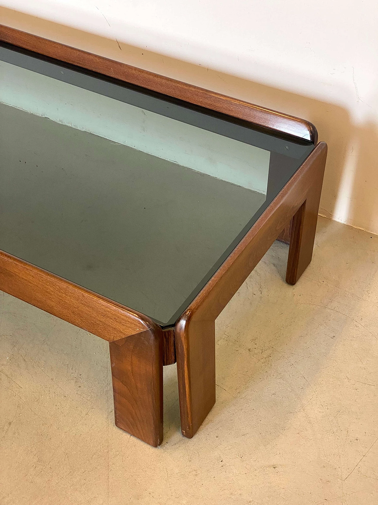Beech and smoked glass coffee table in the style of Afra and Tobia Scarpa, 1960s 7