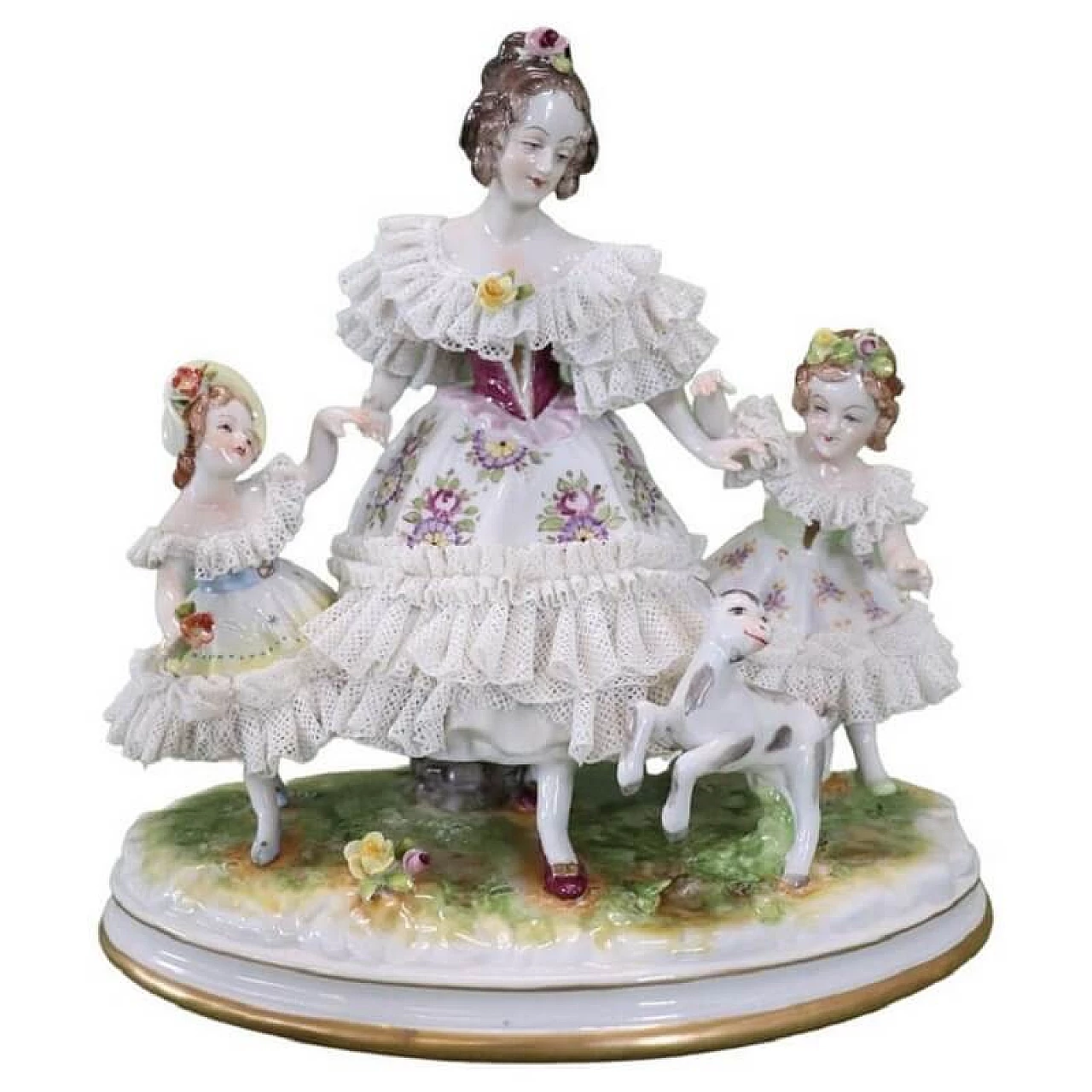 Capodimonte porcelain sculpture of woman, little girls and fawn, 19th century 1