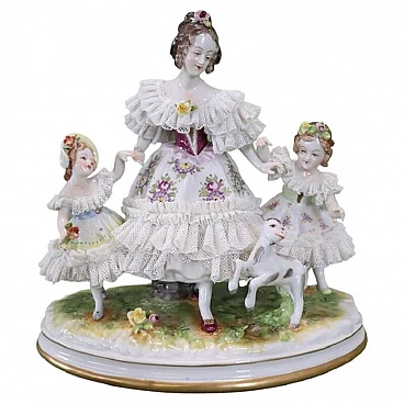 Capodimonte porcelain sculpture of woman, little girls and fawn, 19th century