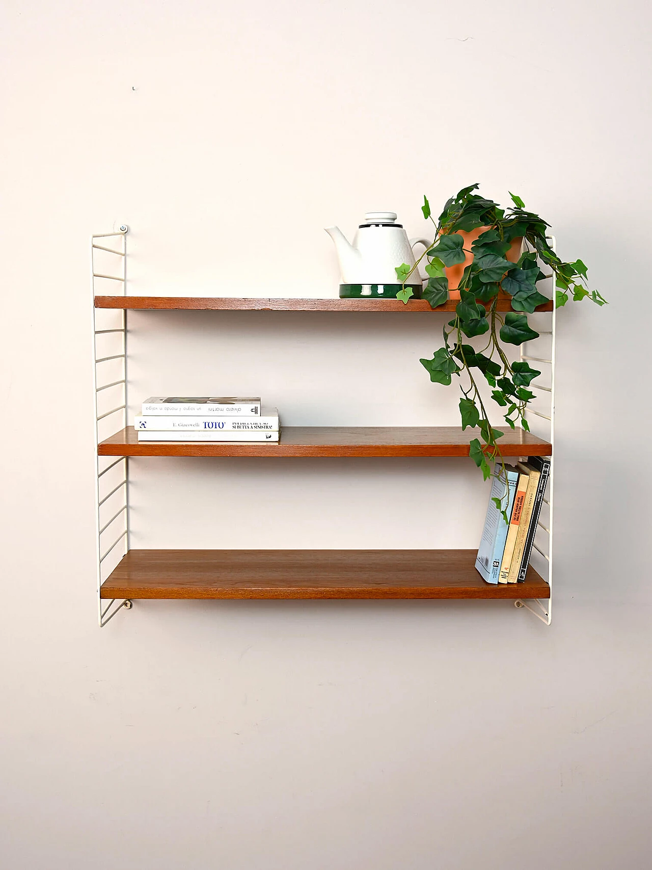 Swedish wall-mounted bookcase with wooden shelves, 1960s 2