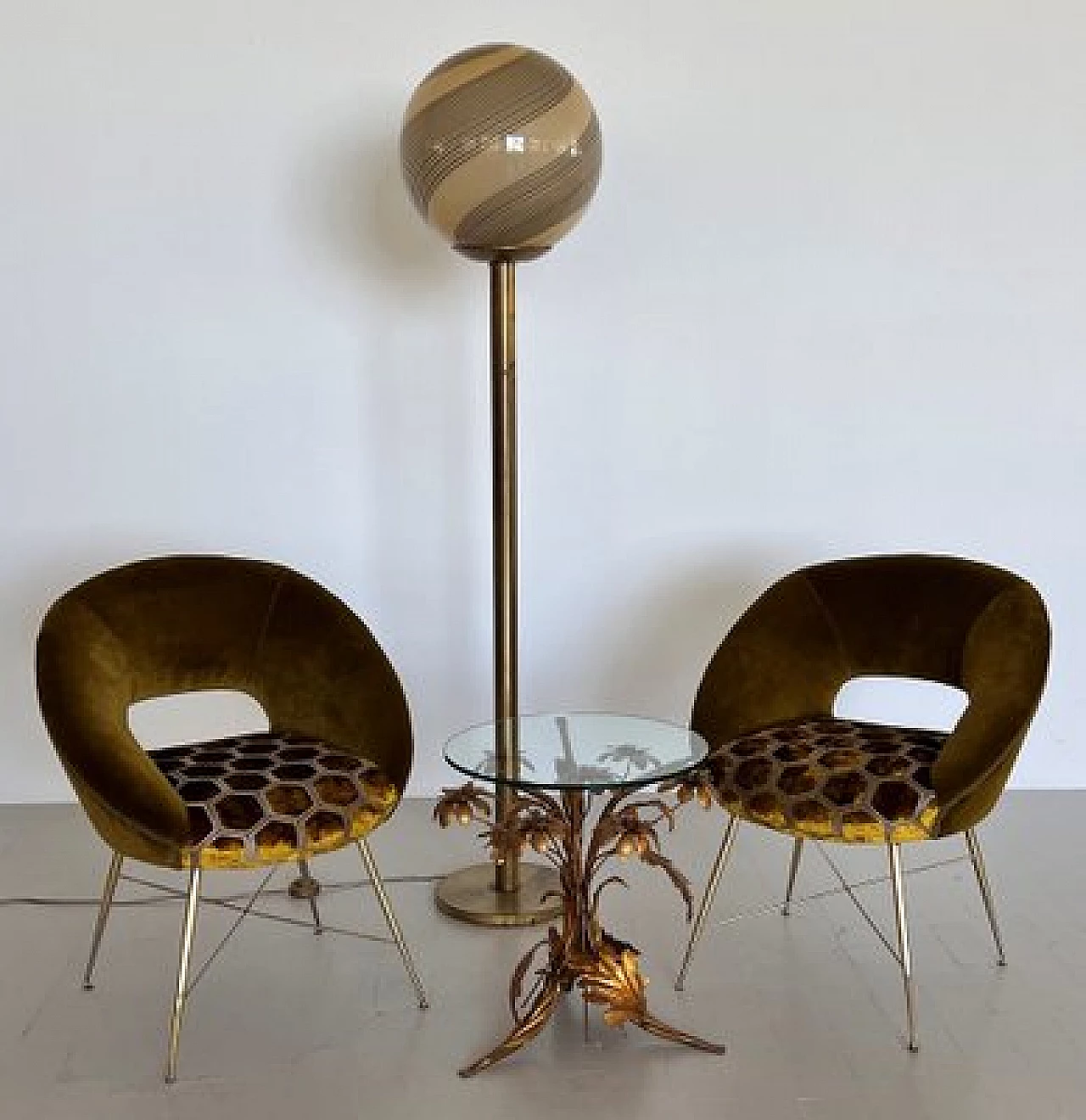 Pair of velvet armchairs with brass legs by Silvio Cavatorta, 1950s 2