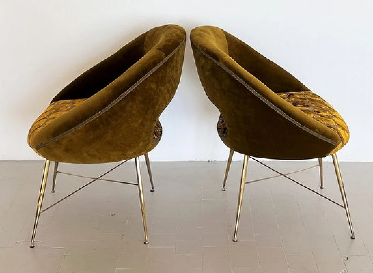 Pair of velvet armchairs with brass legs by Silvio Cavatorta, 1950s 11