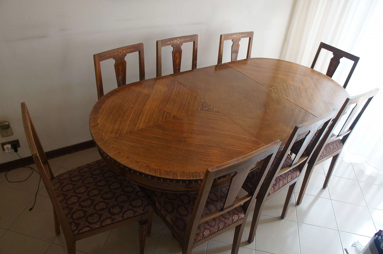 8 Chairs and extending walnut table with fine inlays, 1940s 2