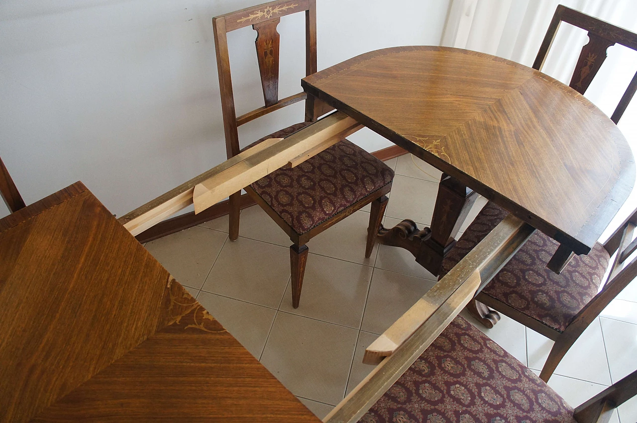8 Chairs and extending walnut table with fine inlays, 1940s 4