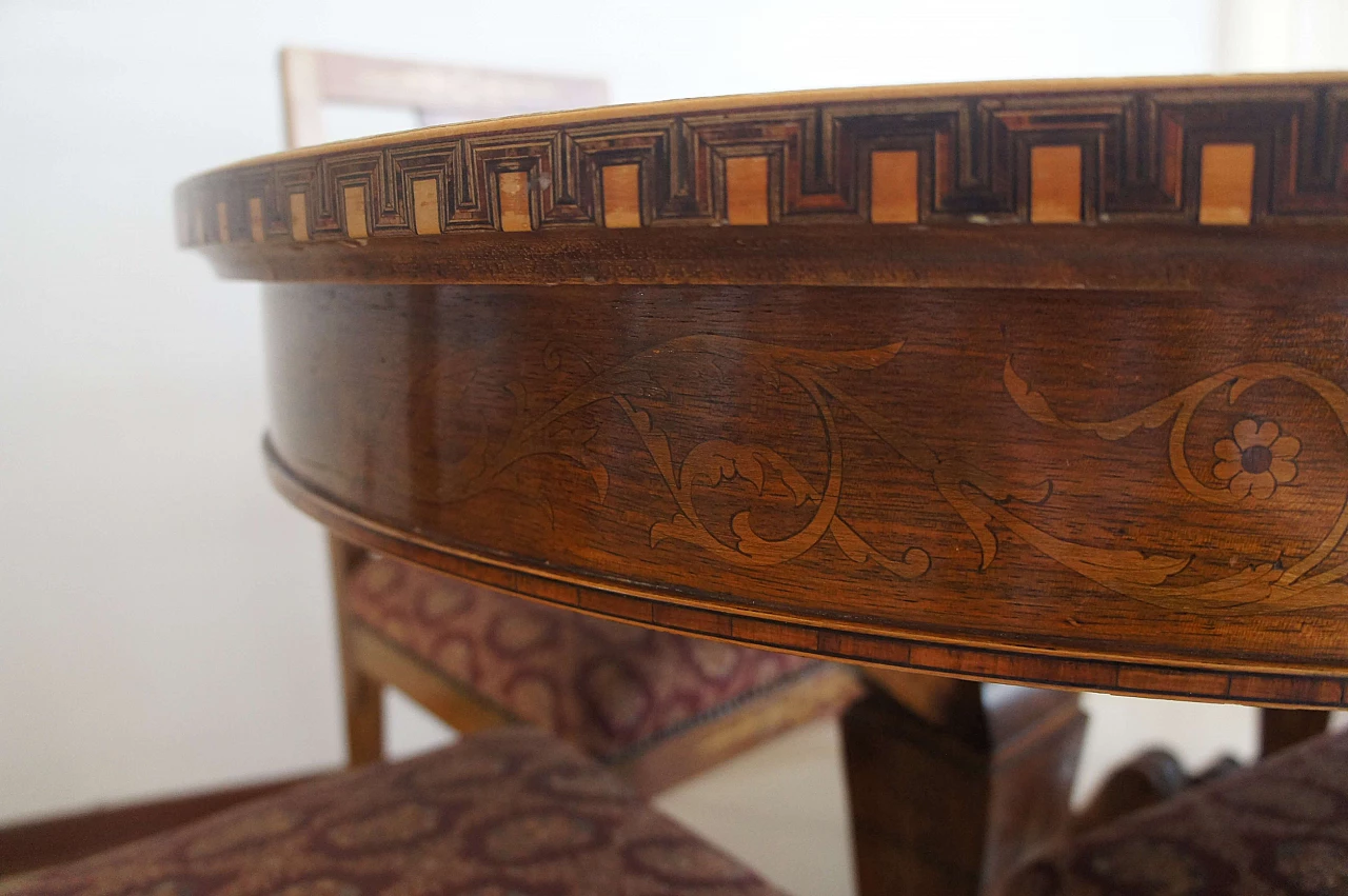 8 Chairs and extending walnut table with fine inlays, 1940s 5
