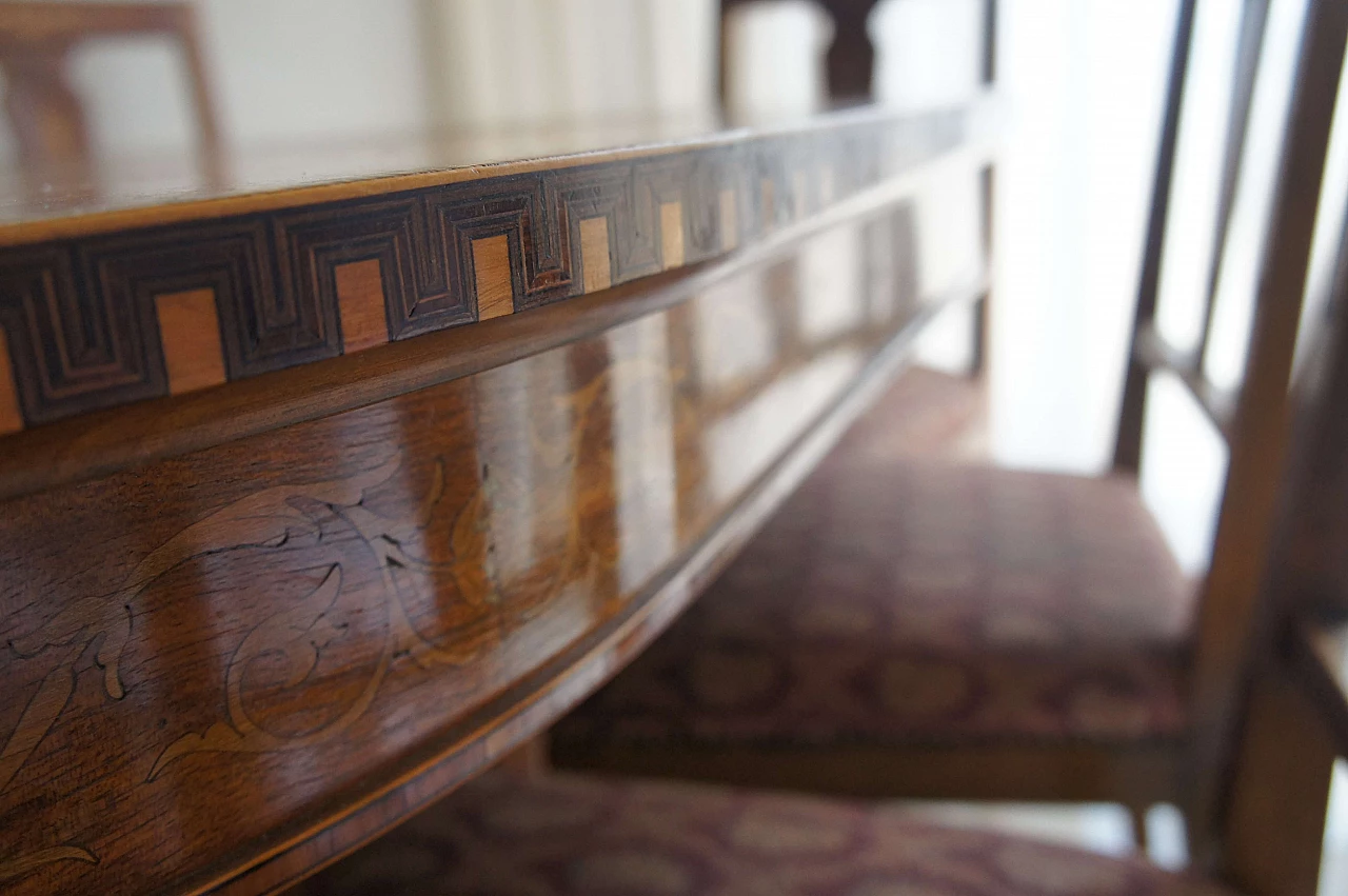 8 Chairs and extending walnut table with fine inlays, 1940s 7