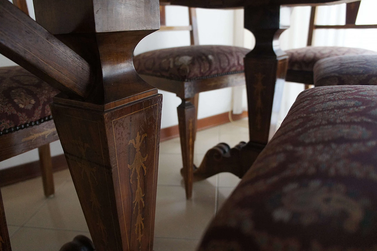8 Chairs and extending walnut table with fine inlays, 1940s 10