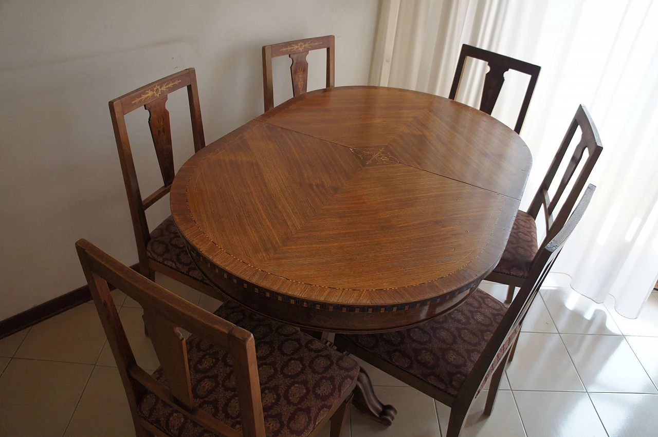 8 Chairs and extending walnut table with fine inlays, 1940s 12