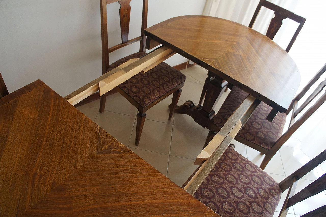 8 Chairs and extending walnut table with fine inlays, 1940s 15