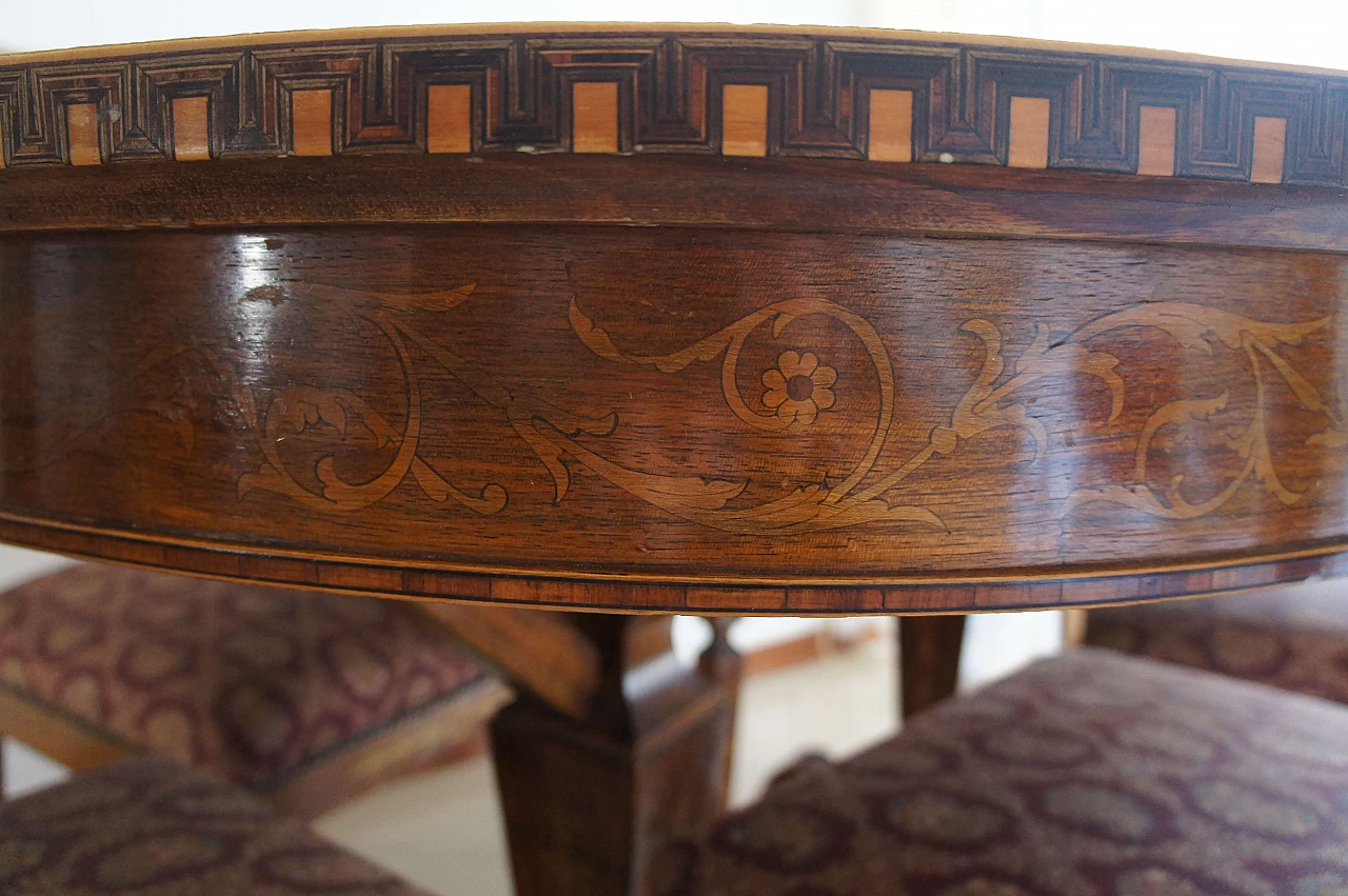8 Chairs and extending walnut table with fine inlays, 1940s 16