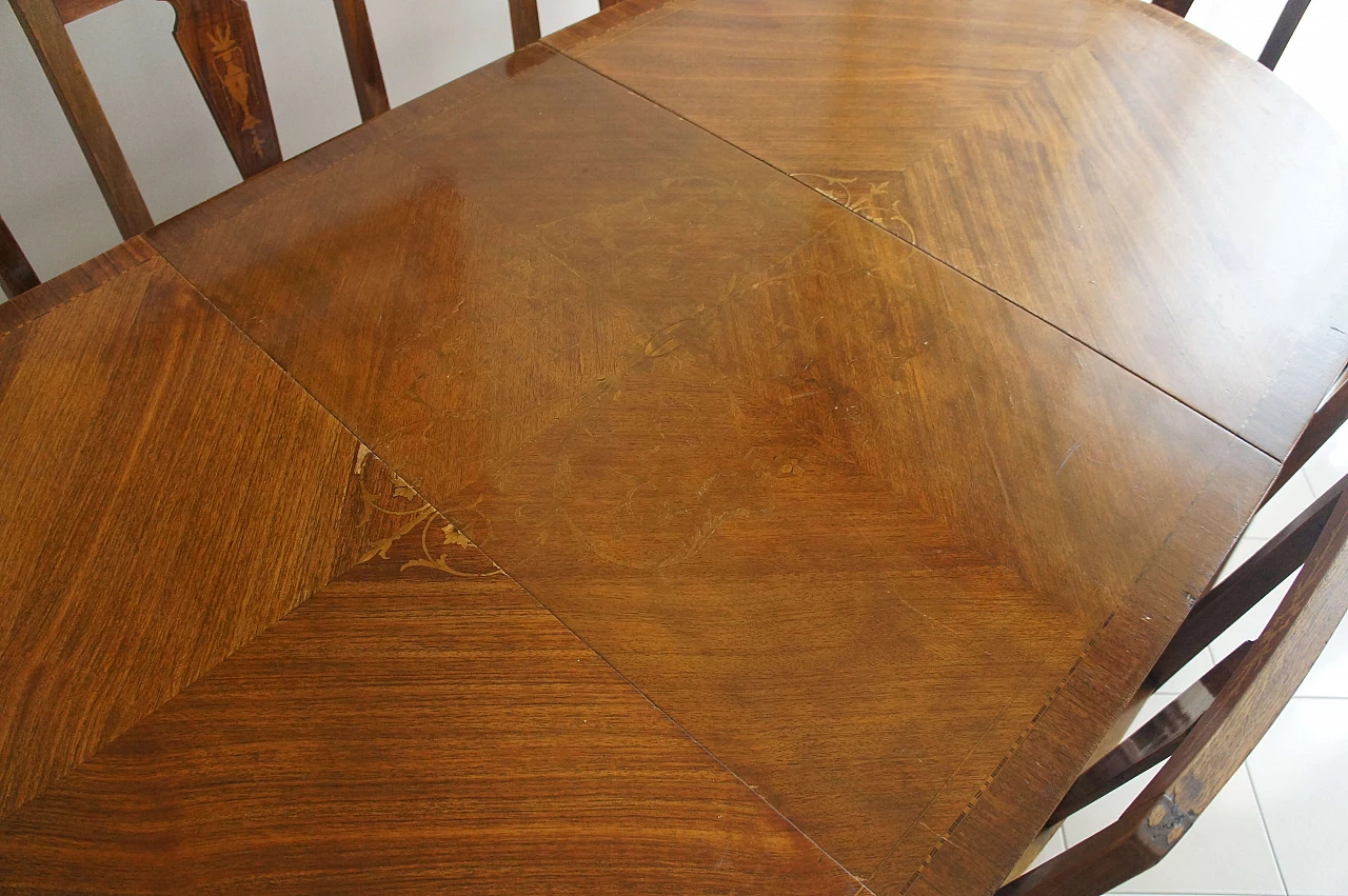 8 Chairs and extending walnut table with fine inlays, 1940s 21