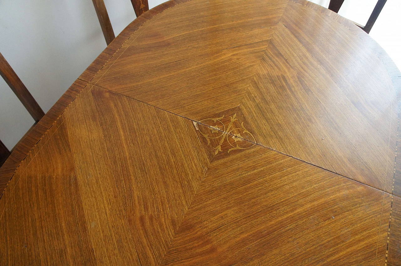 8 Chairs and extending walnut table with fine inlays, 1940s 23