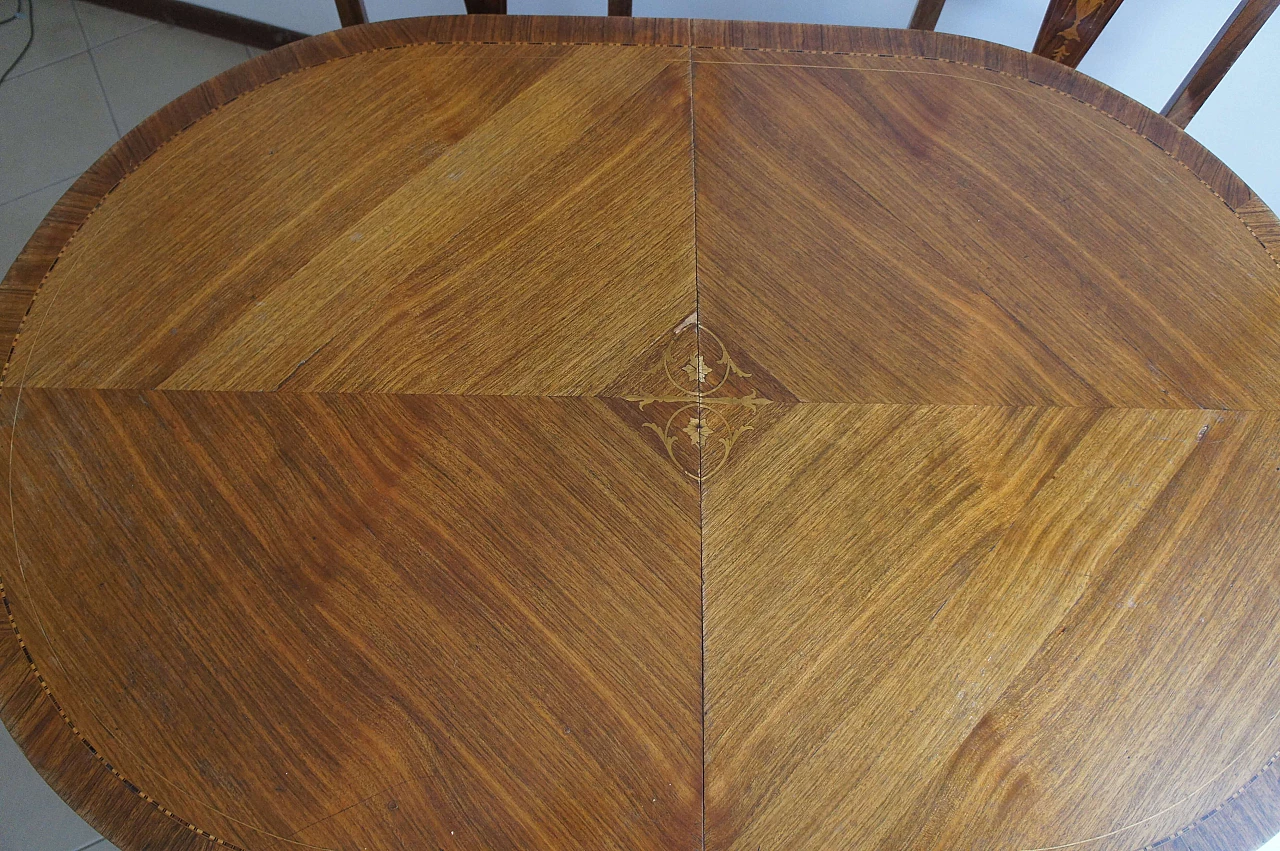8 Chairs and extending walnut table with fine inlays, 1940s 26