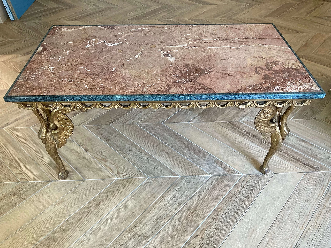 Tavolino in legno con piano in marmo Rosso Imperiale e Verde Alpi, '800 1