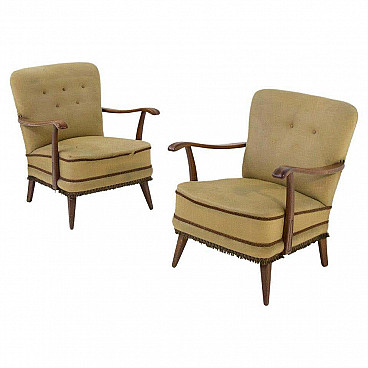 Pair of wooden and fabric armchairs attributed to Paolo Buffa, 1950s