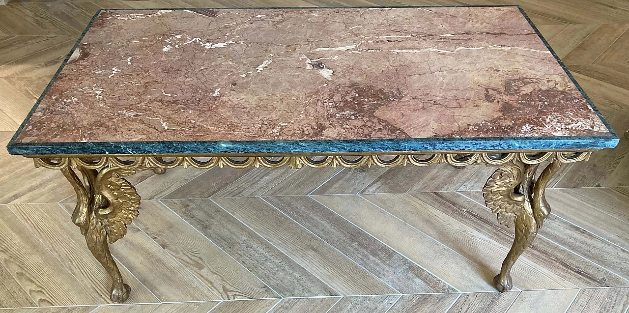 Tavolino da salotto in legno con piano in marmo rosso Impero, '700 1