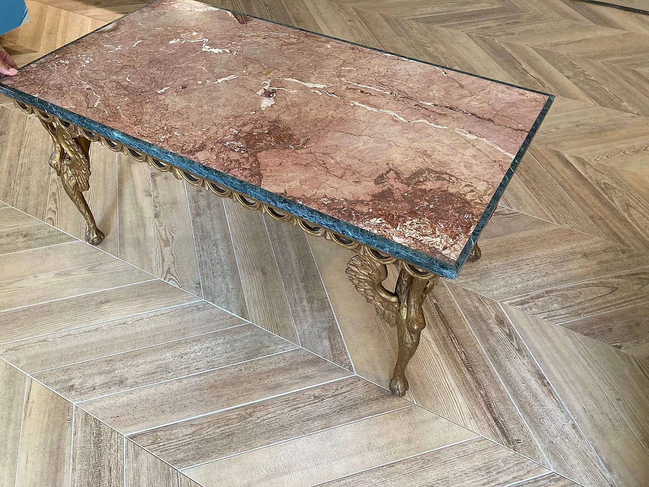 Tavolino da salotto in legno con piano in marmo rosso Impero, '700 3