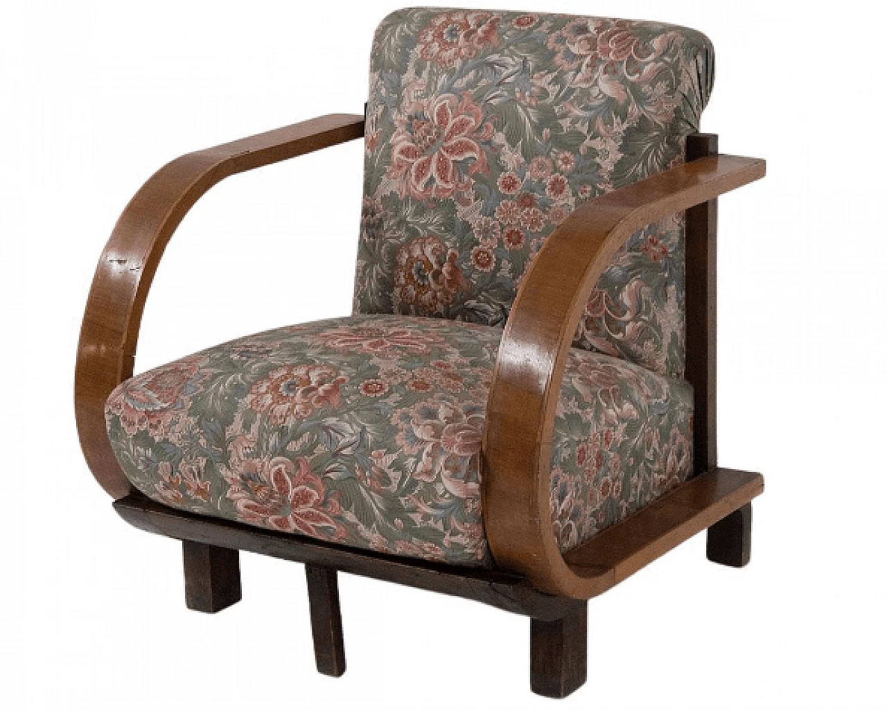 Art Deco wood and floral fabric armchair, 1930s 1
