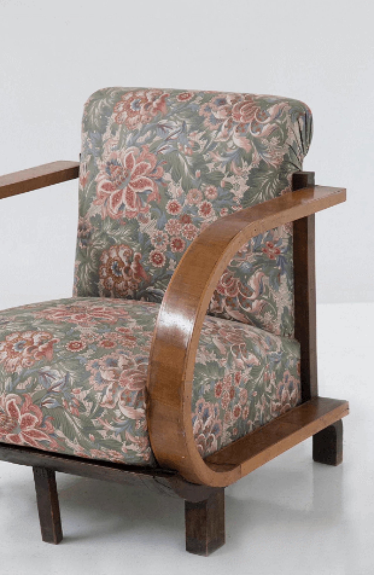Art Deco wood and floral fabric armchair, 1930s 2
