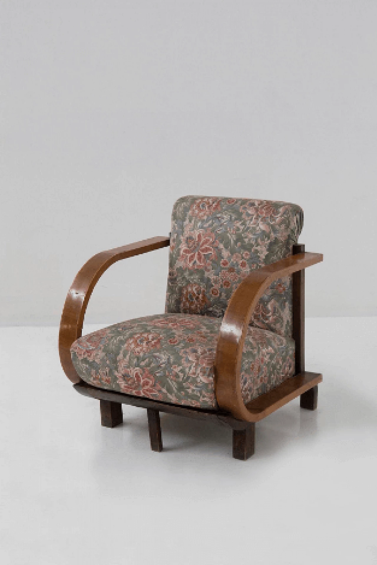 Art Deco wood and floral fabric armchair, 1930s 5