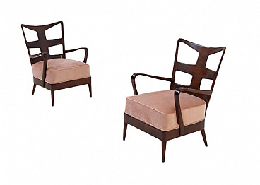 Pair of wood and pink velvet armchairs by Osvaldo Borsani, 1950s
