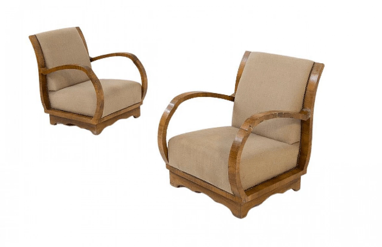 Pair of wood and fabric armchairs with wavy base, 1950s 1