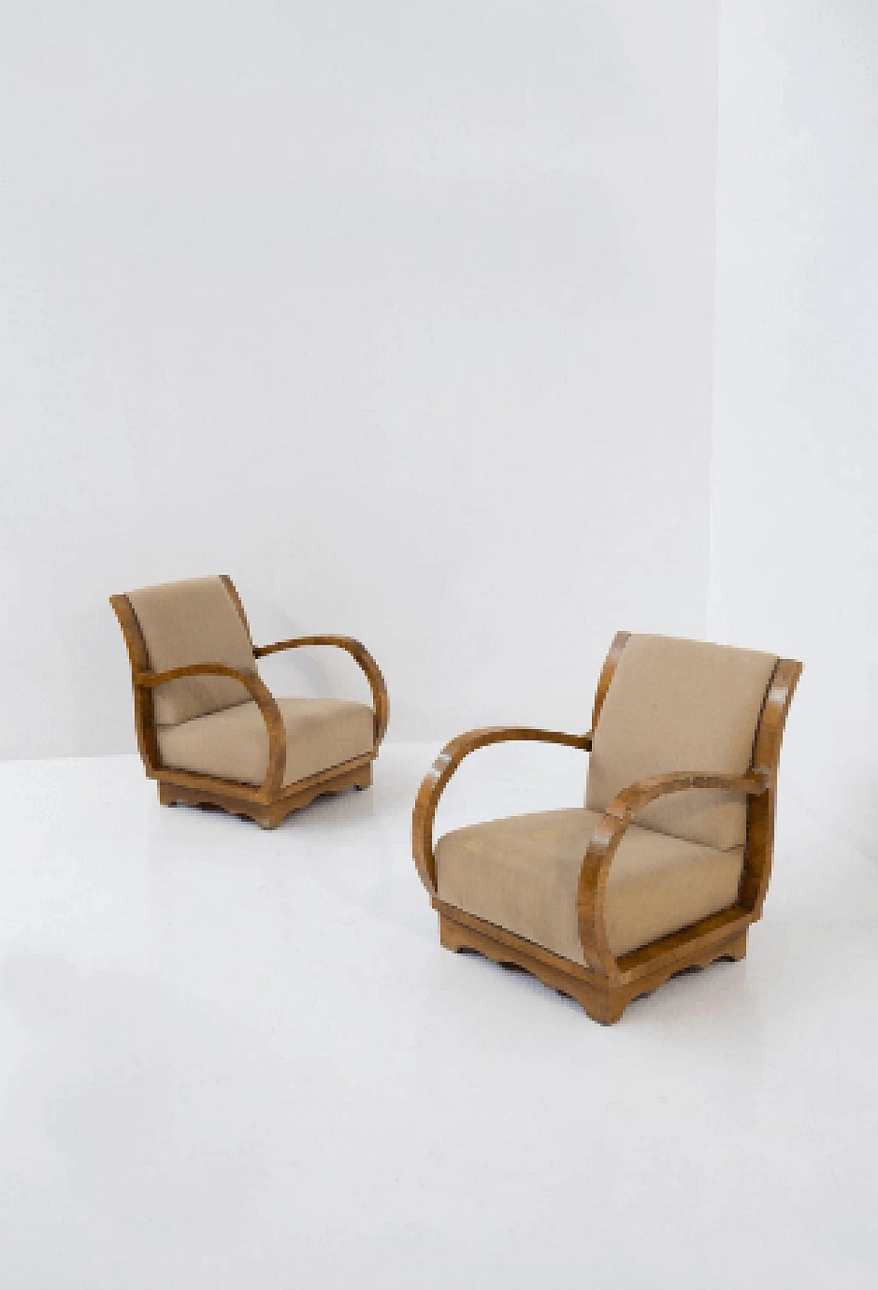 Pair of wood and fabric armchairs with wavy base, 1950s 2