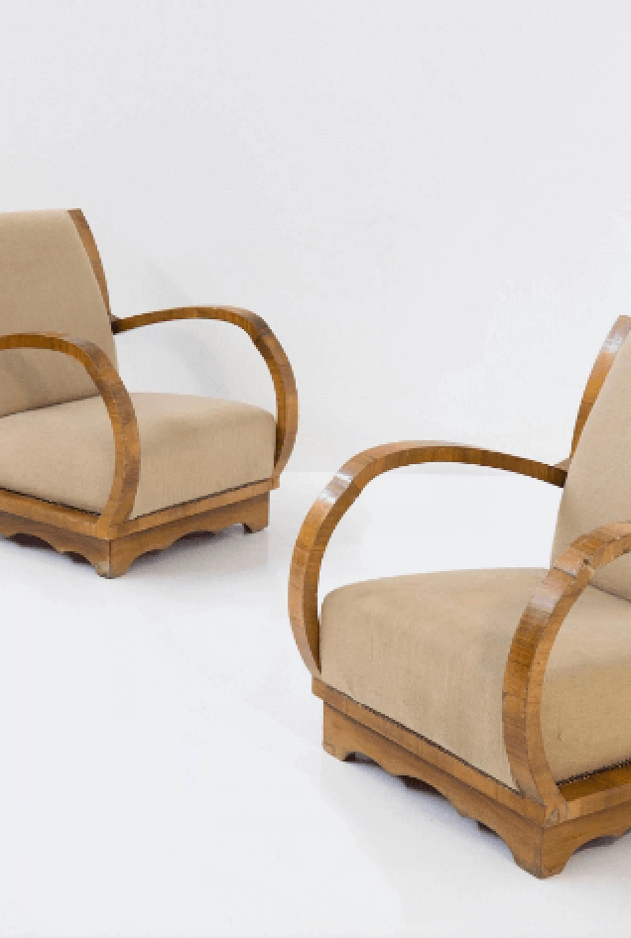 Pair of wood and fabric armchairs with wavy base, 1950s 3