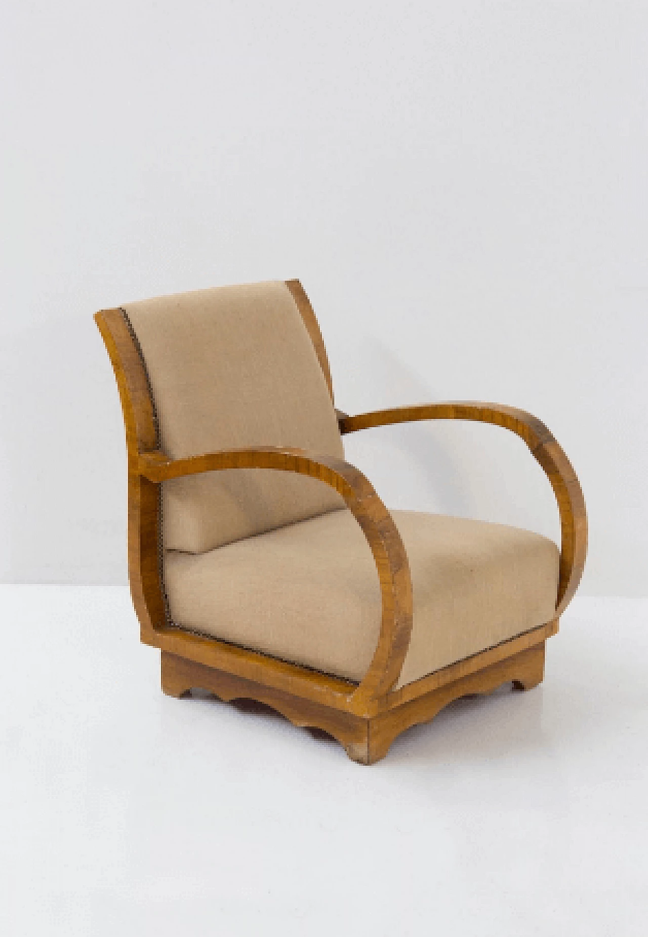 Pair of wood and fabric armchairs with wavy base, 1950s 4
