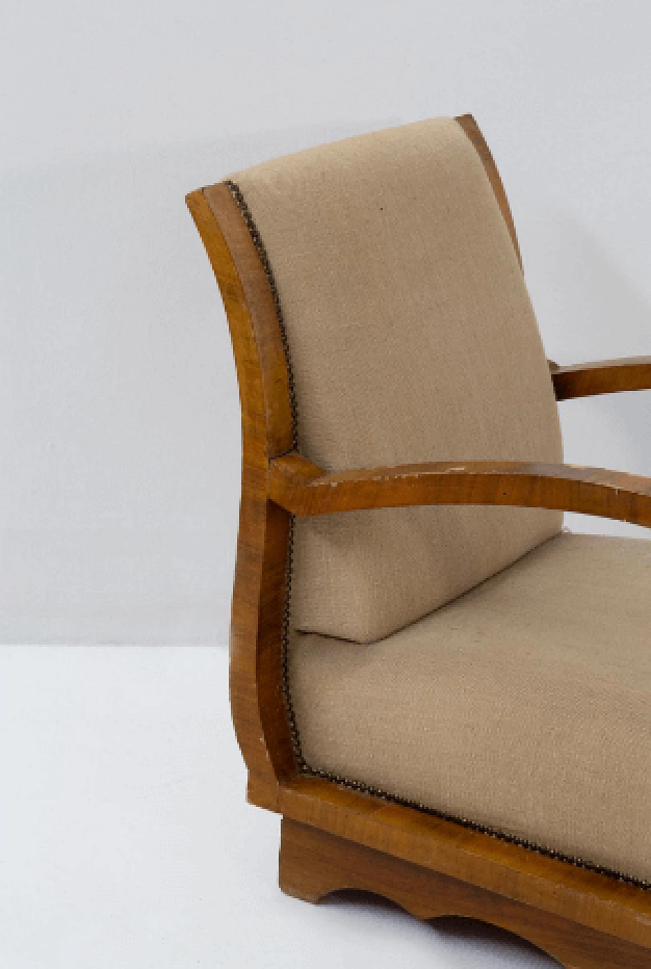 Pair of wood and fabric armchairs with wavy base, 1950s 5