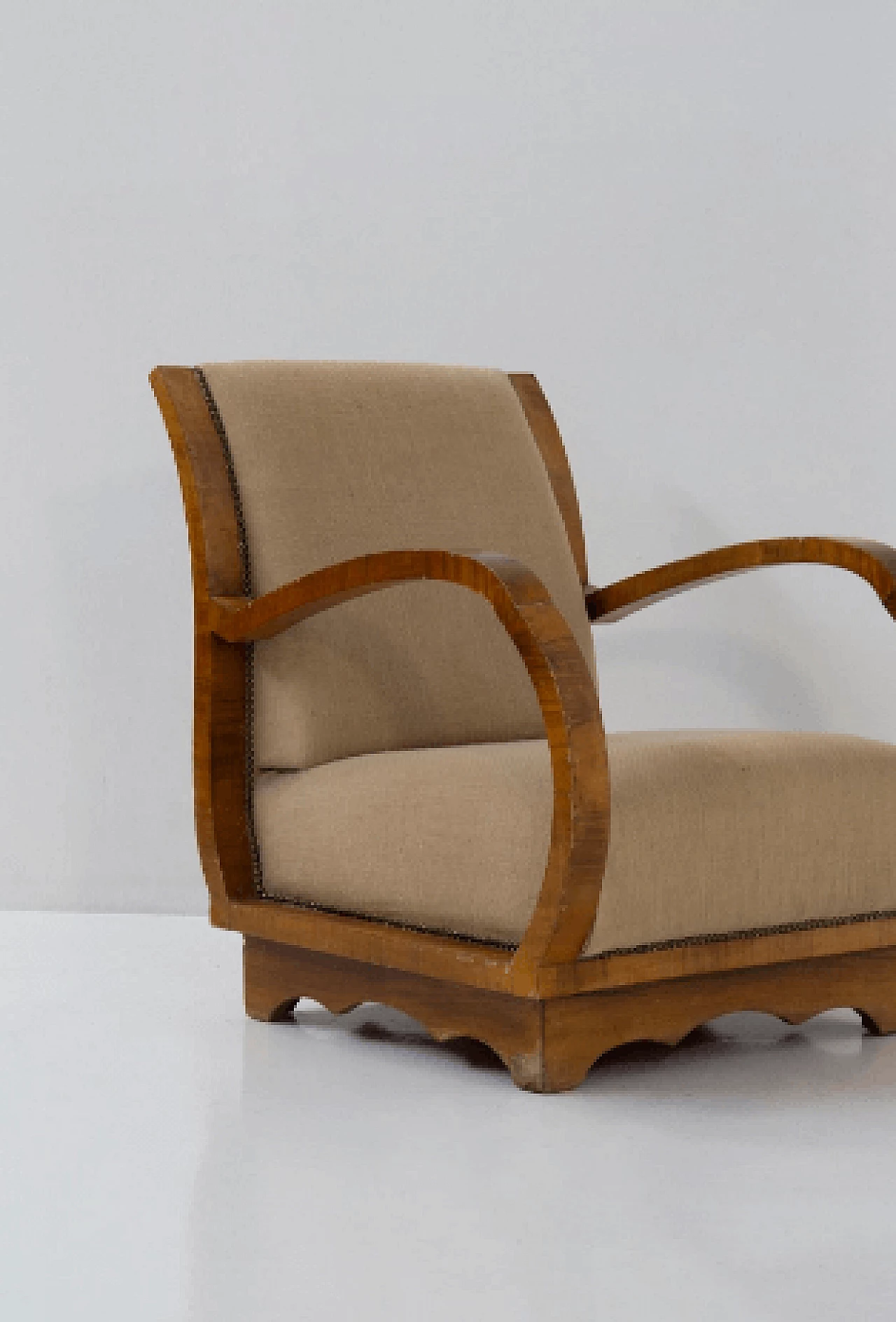 Pair of wood and fabric armchairs with wavy base, 1950s 7