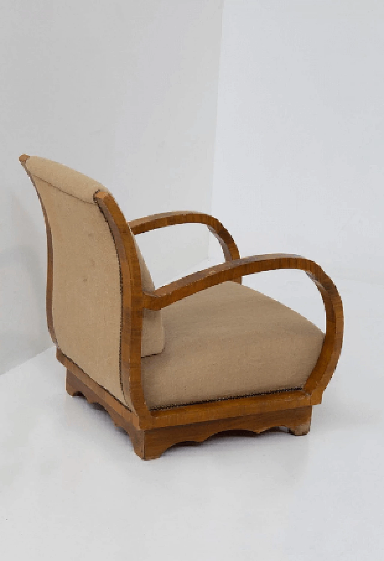 Pair of wood and fabric armchairs with wavy base, 1950s 8
