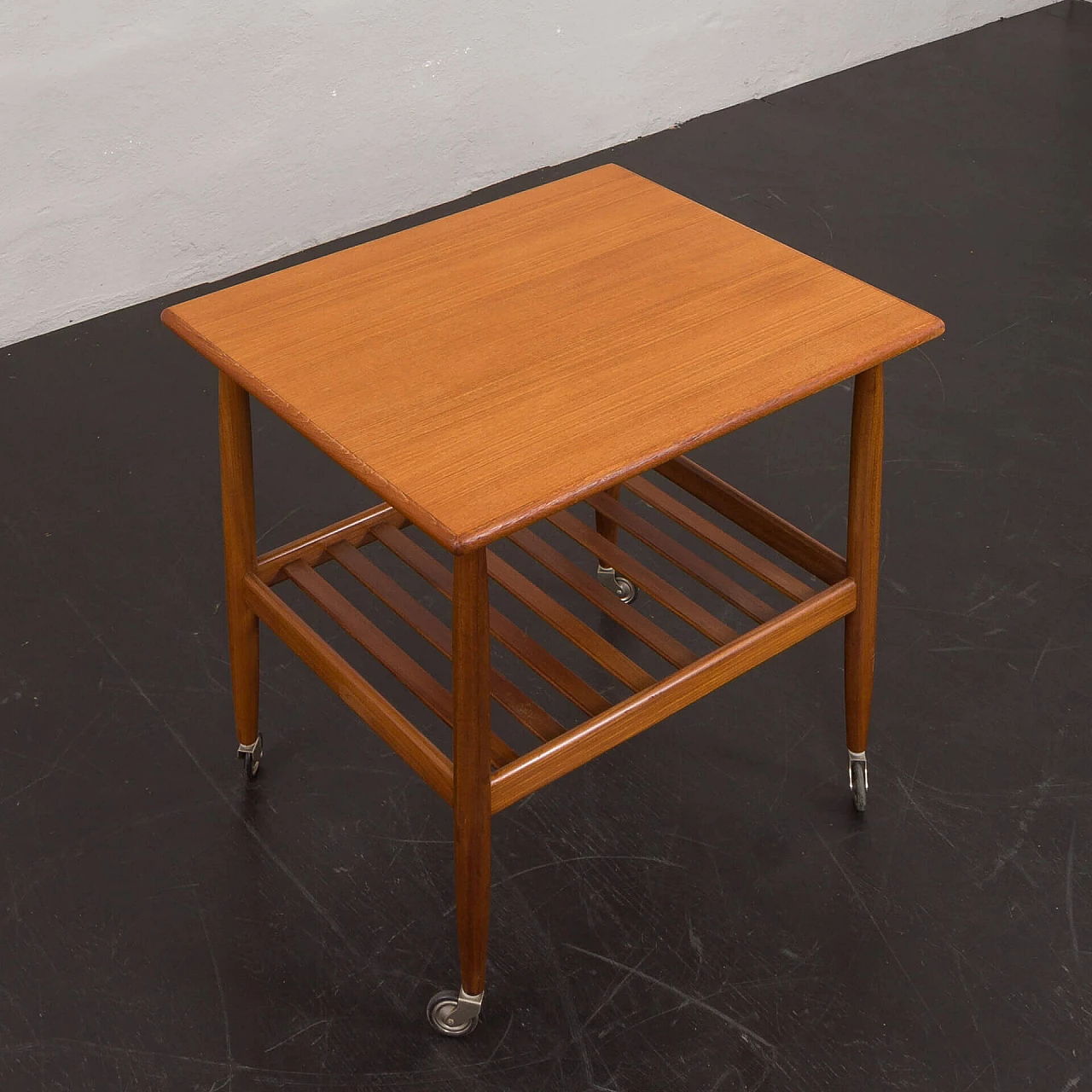 Danish teak coffee table with double shelf and casters, 1960s 6